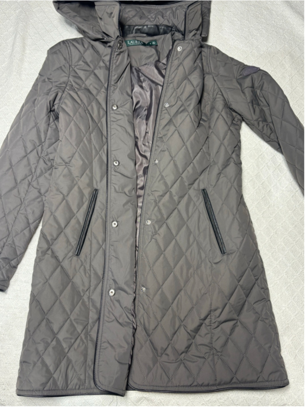 LRL Ralph Lauren Grey Quilted Hooded Coat Jacket Medium EUC Preppy Quiet Luxury - Picture 9 of 14